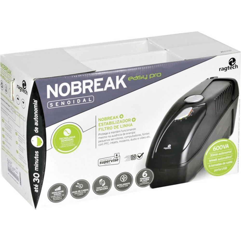 Nobreak Ragtech 600VA 4160 Senoidal Easy Pro Automático Preto Bivolt 6 Tomadas