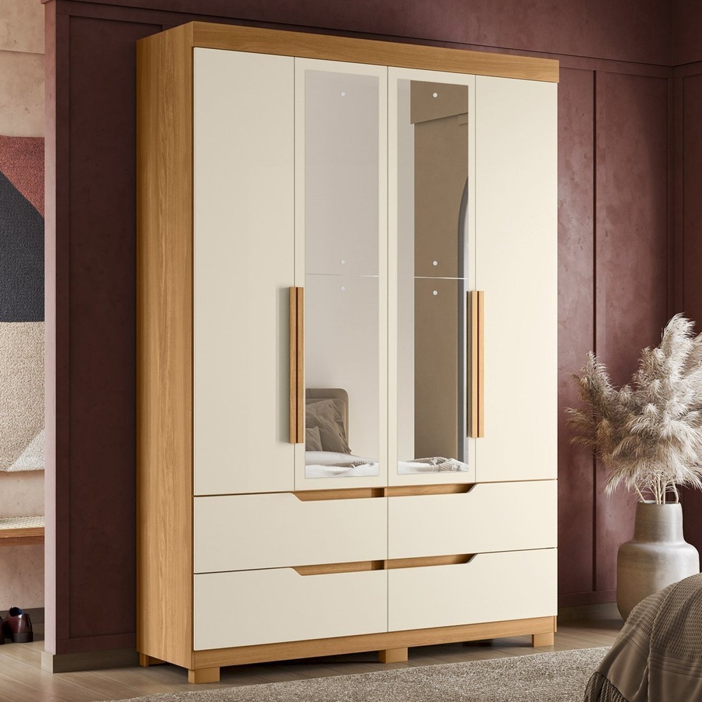 Guarda Roupa Solteiro com Espelho 4 Portas 4 Gavetas Doble  Cinamomo/Off White em Oferta na Shopee