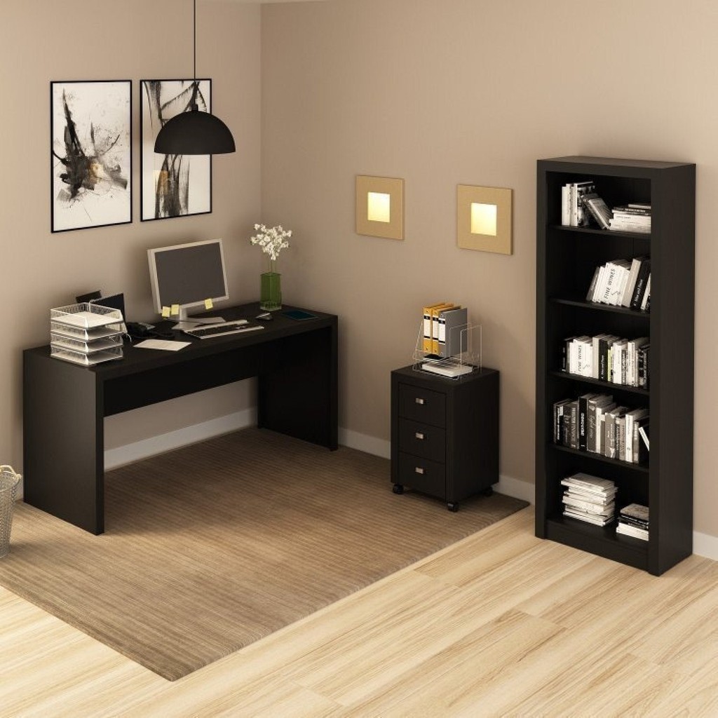 Conjunto 3 Peças com 1 Mesa para Escritório 1 Estante 1 Gaveteiro Espresso Móveis Preto Preto
