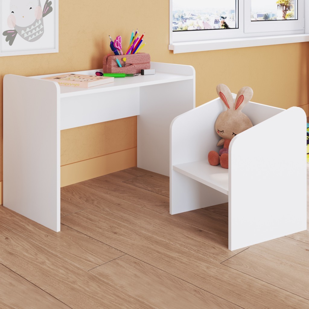 Mesa Escrivaninha com Poltrona Meu Fofinho Branco Cj7001 - Art In Móveis em Oferta na Shopee