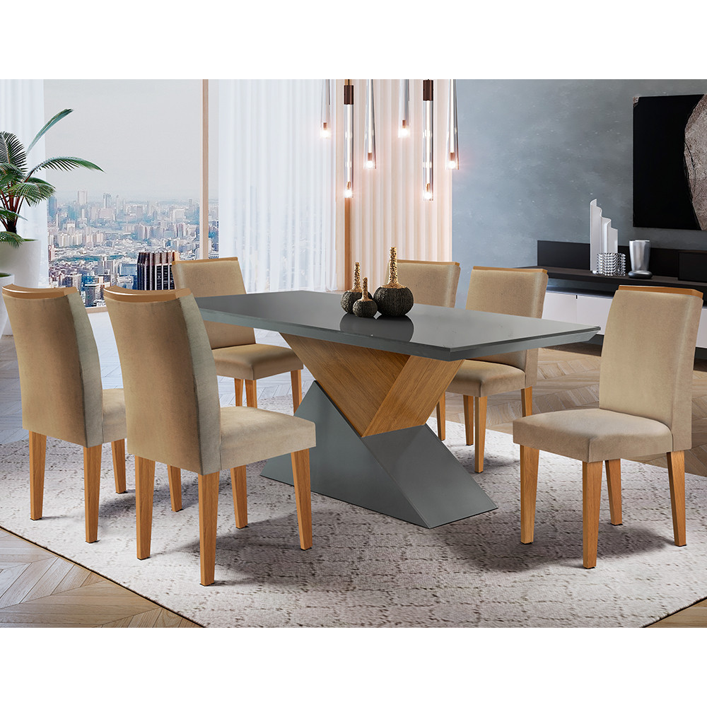 Sala de jantar Aster 180 Tampo em MDF Canto Reto com 6 Cadeiras Lunara Moderna em Oferta na Shopee