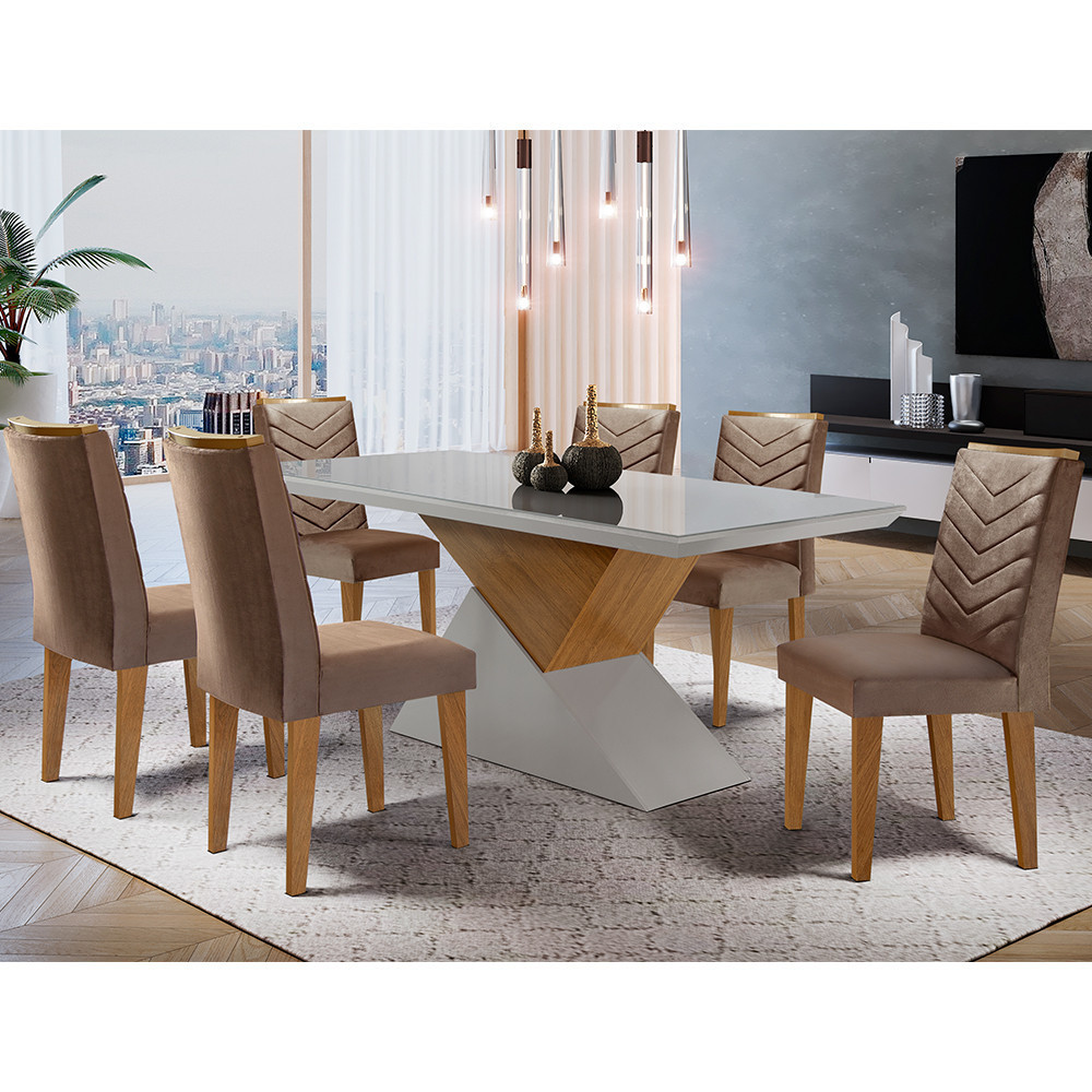Sala de jantar  Aster 180 Tampo em MDF e Vidro com 6 Cadeiras Liz Moderna em Oferta na Shopee
