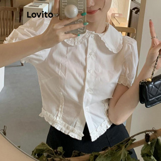 Lovito Blusa feminina casual com botão liso e gola redonda LNA53082