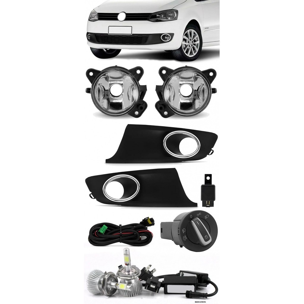 Kit Farol de Milha Neblina Vw Fox e Spacefox 2010 2011 2012 2013 2014 - Botão Painel Redondo + Kit Lâmpada Super LED 6000K