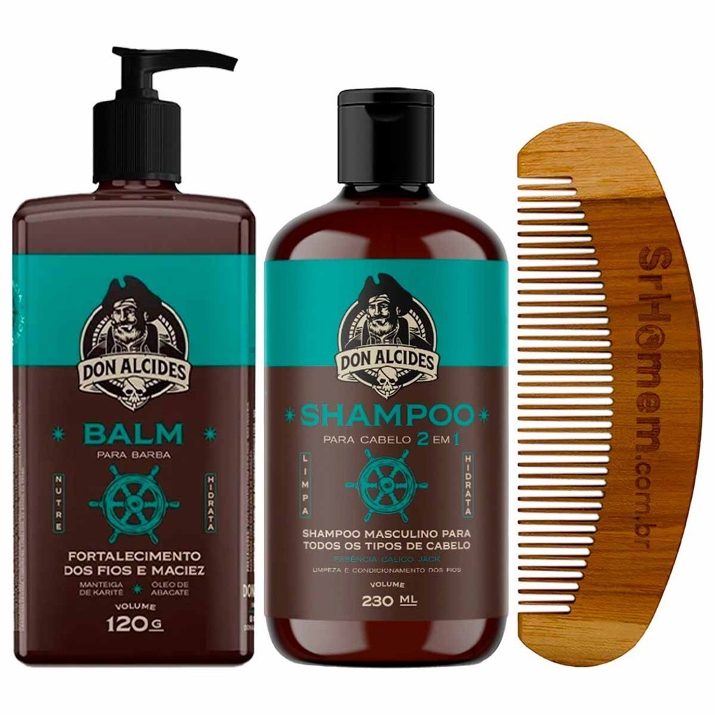Balm e Shampoo Cabelo Calico Jack e Pente Curvo Don Alcides