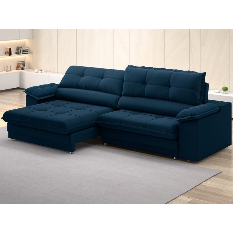 Sofá com Carregador USB Retrátil Reclinável Monaco 2,90m Velosuede Petroleo - NETSOFAS - Home & Living