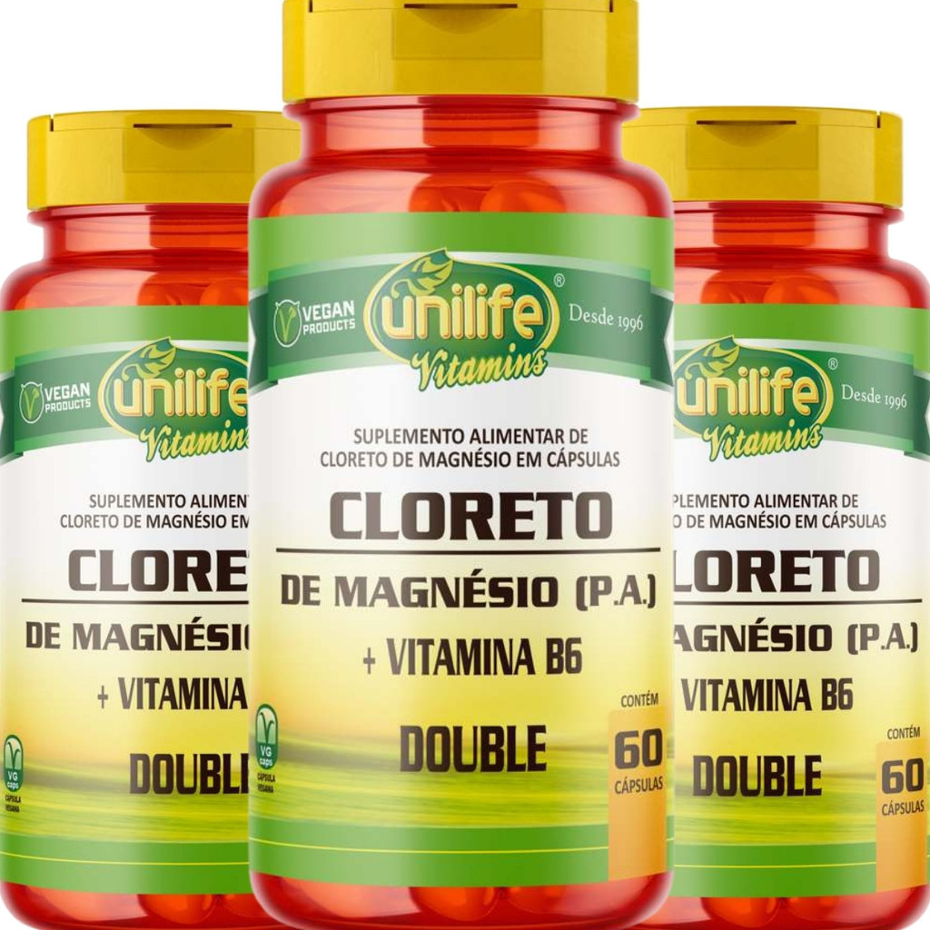 KIT 3 - CLORETO DE MAGNÉSIO P.A + VITAMINA B6 - 60 CAPSULAS - UNILIFE - 1462