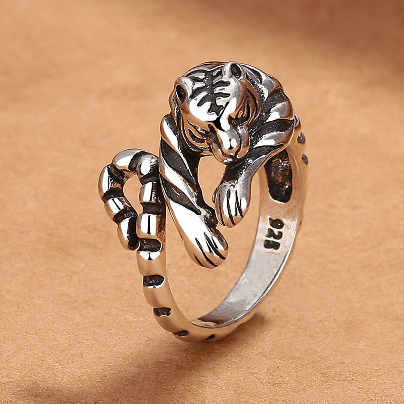Prata Tailandesa Prata Tigre Branco Tigre Homens Mulheres Anel Simples Retro Nicho de Design Trendy  Ajustável Jóias