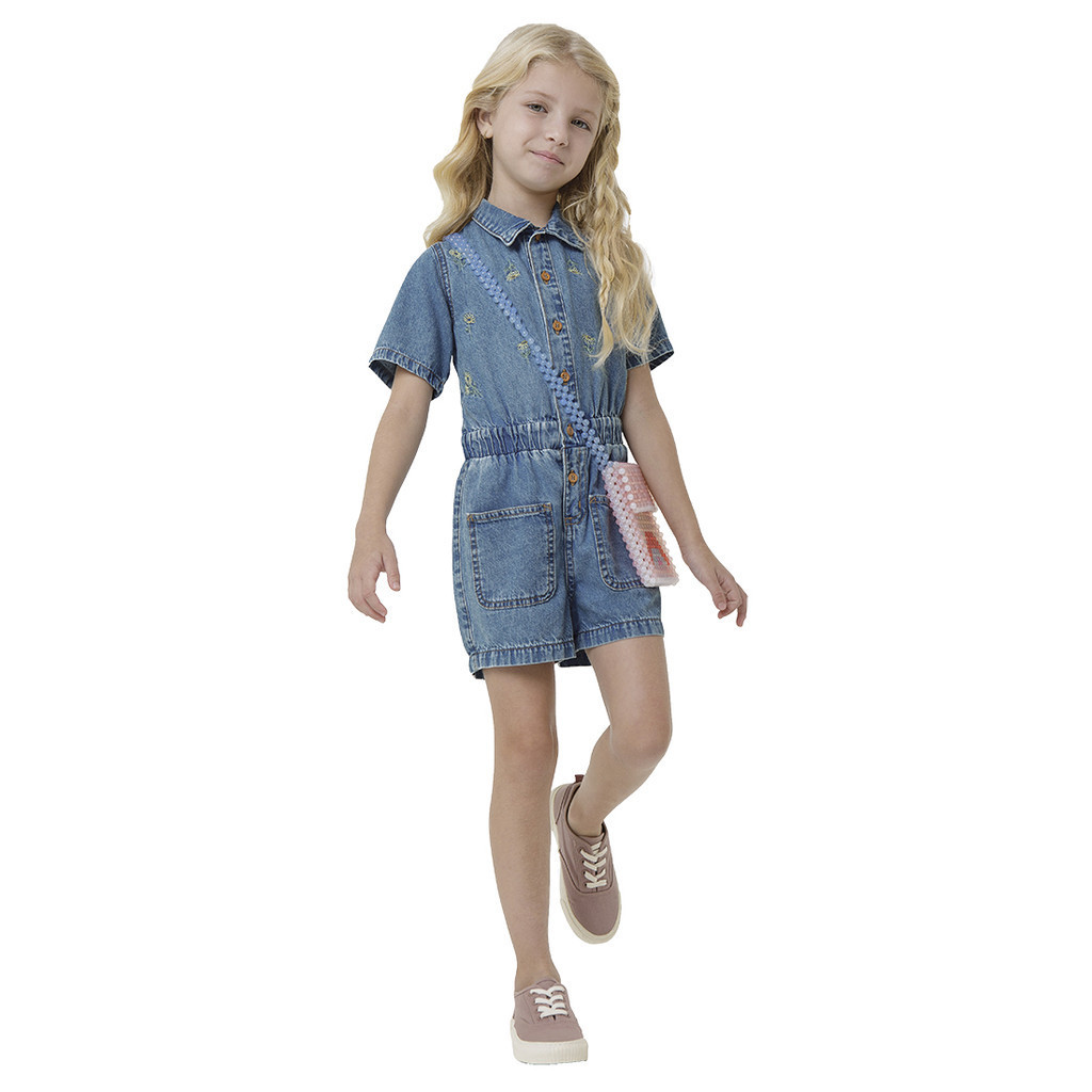 Macaquinho Jeans Malwee Carinhoso Curto Macacão Premium Menina Tam 8 ao 14