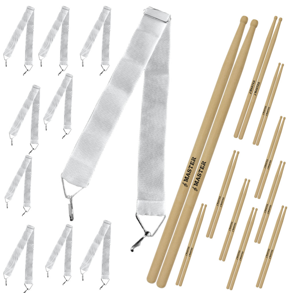 10 Talabarte Branco Correia Percussão Caixa Surdo + 10 Pares de Baquetas Fanfarra Banda Marcial