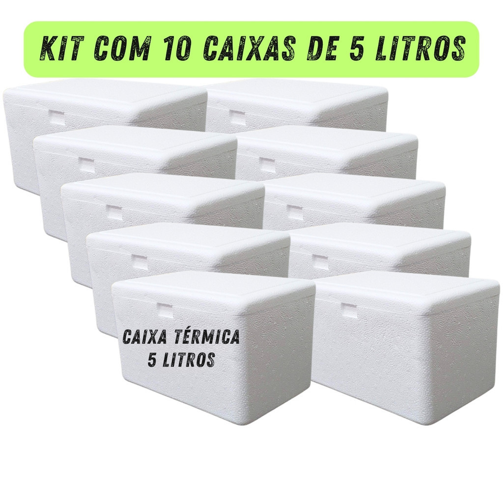 Kit com 10 Caixas Térmicas de Isopor 5 Litros 28,60 x 18,50 x 17,60cm Medicamentos Alimentos Bebidas