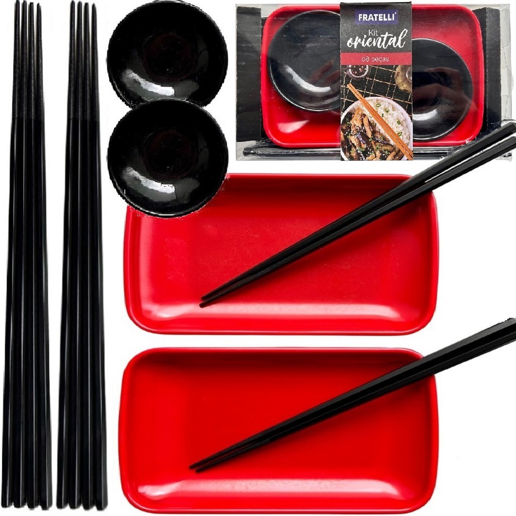 Jogo Oriental em Melamina 8 Pçs Molheira Prato Tigela Hashi