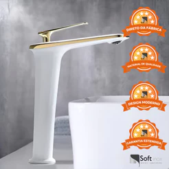 Torneira Monocomando Misturador Lavatório Bica Alta Petra Branco/Gold Luxo