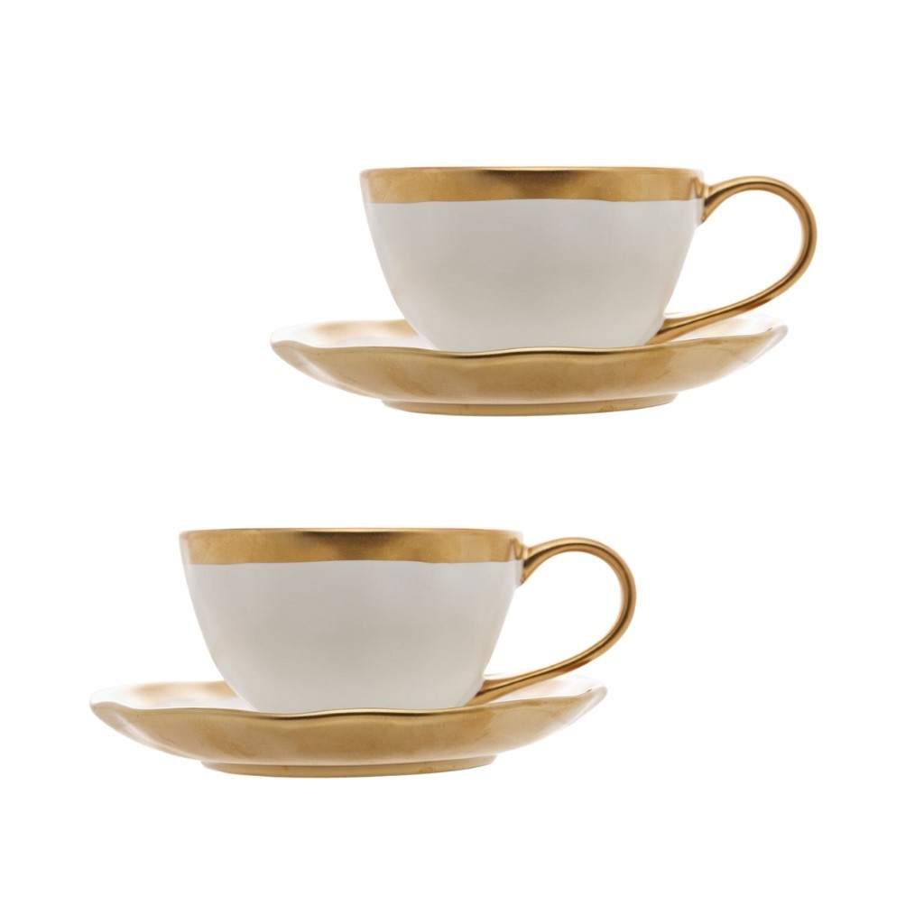 Jogo De Xícaras E Pires Elegantes Dubai Branca Com Dourado Escolher Quantidade Café Porcelana