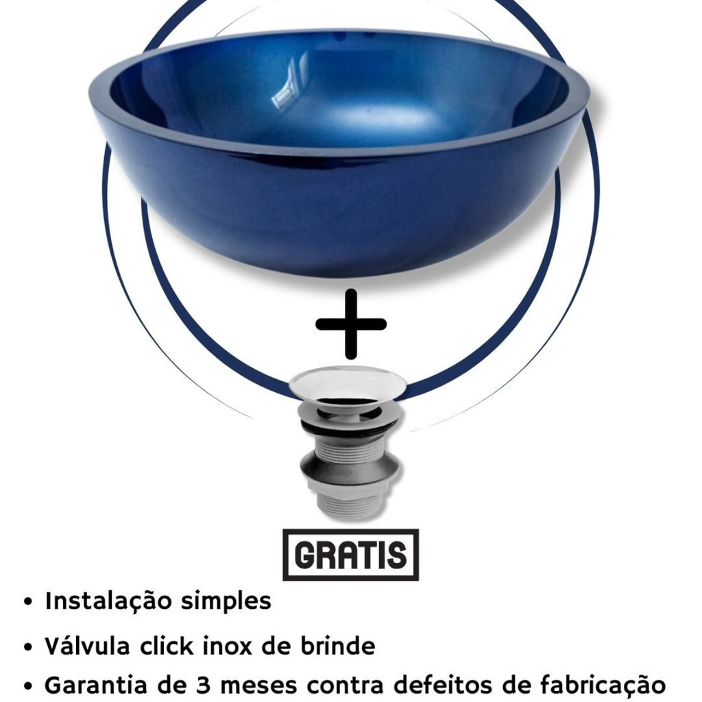 CUBA PIA DE VIDRO REDONDA 35CM + VÁLVULA CLICK INOX INTELIGENTE PARA BANHEIRO - Home & Living