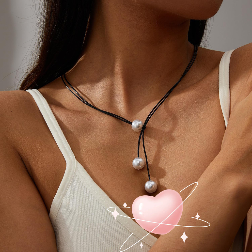 Colar de Couro em Forma de Y para Mulheres, Colar de Pérolas com Corda Preta, Colar Longo de Lã, Colar de Corda Gótico, 