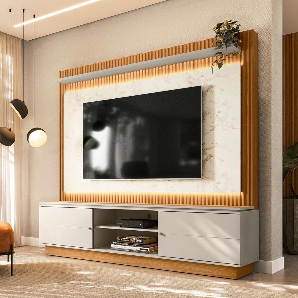 Estante Home 215cm Valdivia com LED Detalhe Marmorizado para Tv até 75 Nature/Off White G77 - Gran Belo - Home & Living
