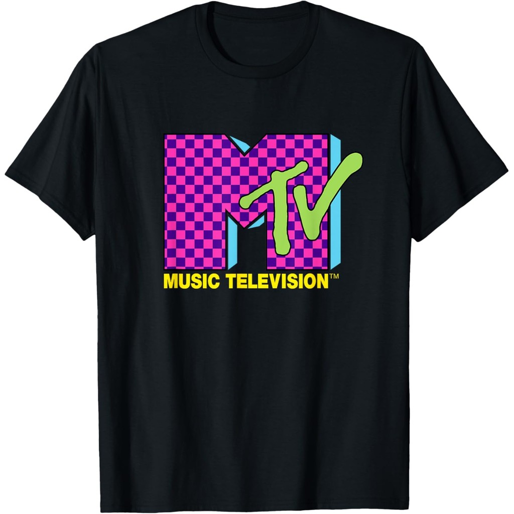 Camiseta com logotipo xadrez rosa neon retrô dos anos 80 da MTV Music Television em Oferta na Shopee