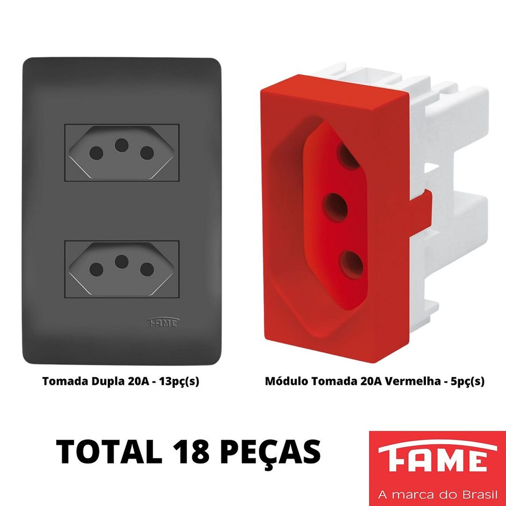 18un Tomada Dupla e Módulo Tomada Vermelho Com Placa 4x2 Habitat Black Preto FAME K37
