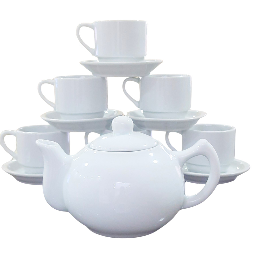 Jogo Café e Chá Mesa Posta 13 peças - Bule Chaleira 830ML + kit 6 xícaras café/chá hotel 200ml empilháveis c/ pires