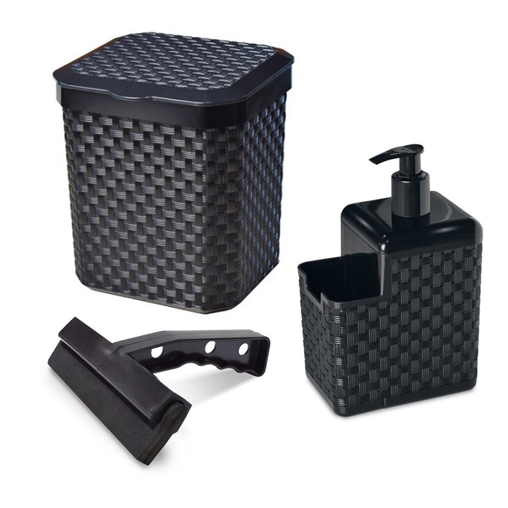 Kit Pia Lixo 5 Litros + Porta Detergente + Rodinho de Pia Cozinha 3 Peças