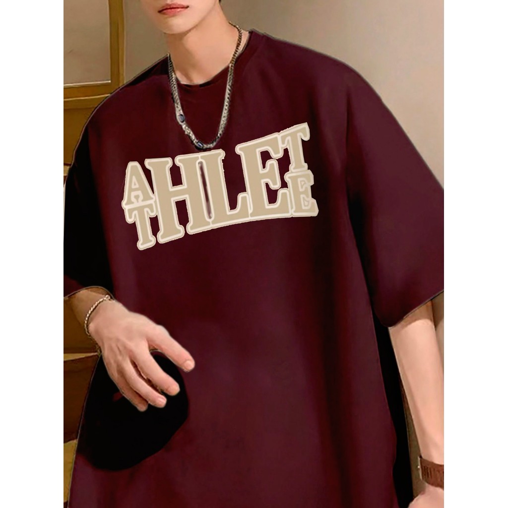 Camiseta Oversized Cor Vinho Estampado Athlete Frase Vintage Aesthetic Blusa Masculina Verão Menino 