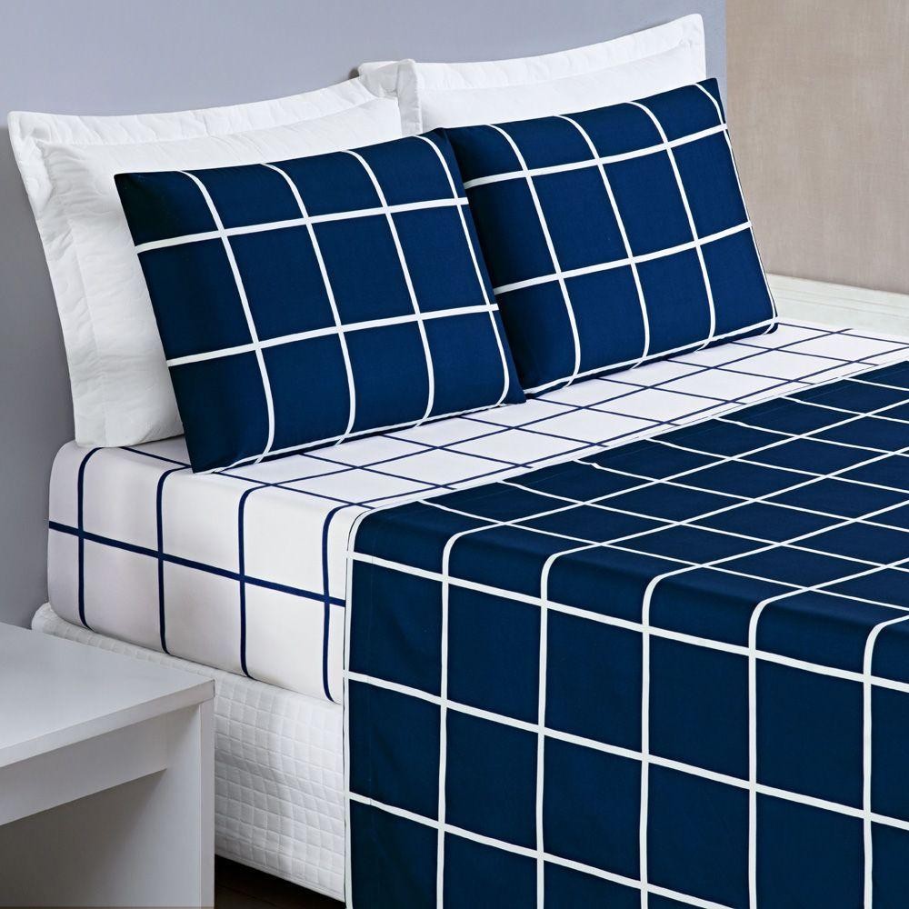 Jogo Cama Lençol Solteiro 200 Fios 3 Peças Azul Marinho - Home & Living