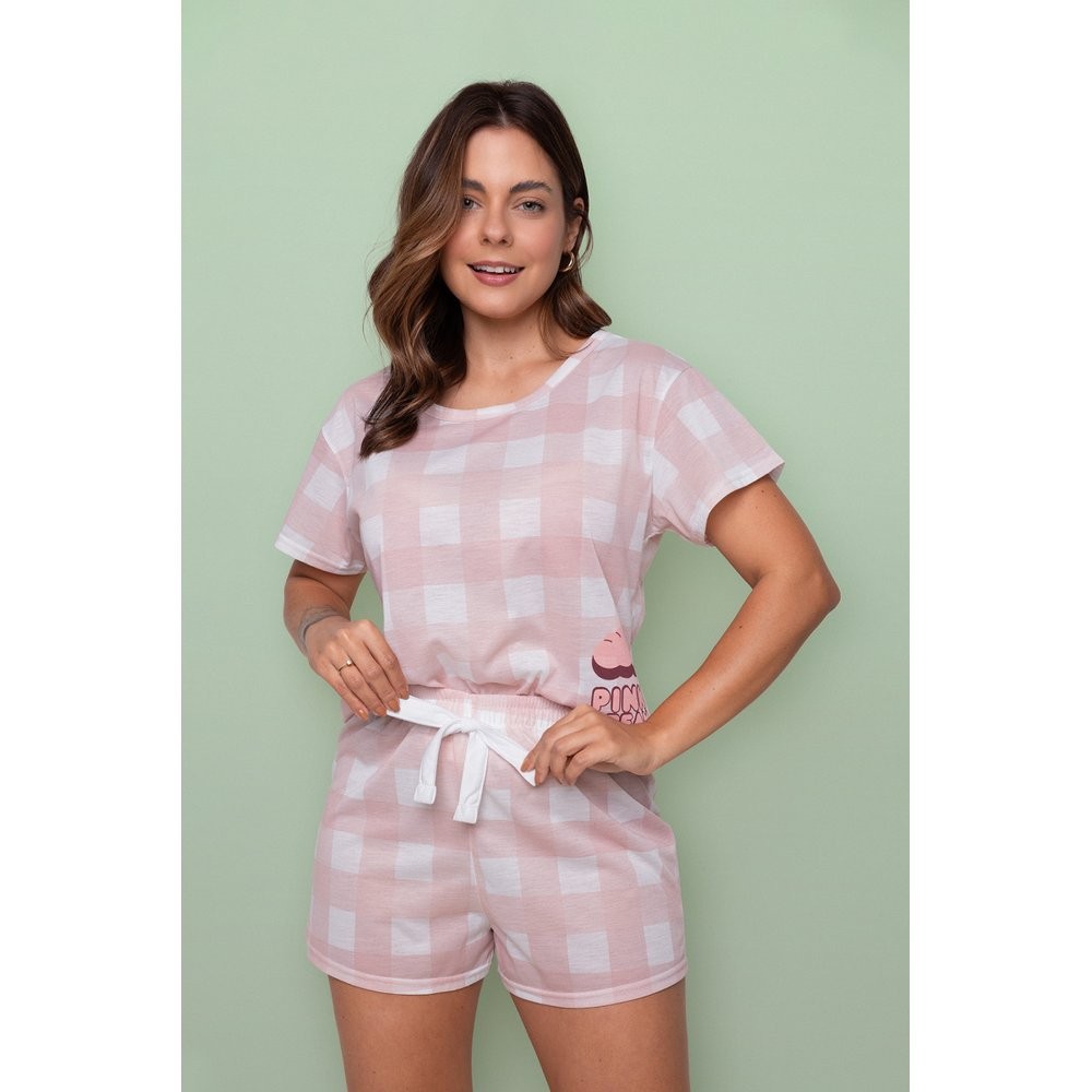 Pijama Feminino Manga Curta Com Shorts Leve Soltinho Fresquinho Xadrez Rosê Short Doll em Oferta na Shopee