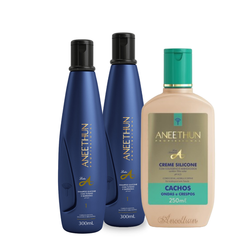 Kit Aneethun Linha A com 2 Shampoo 300ml + 1 Creme de Silicone Cachos 250ml