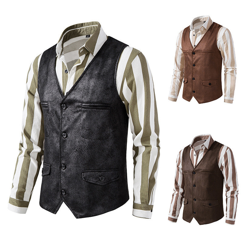 Colete De Camurça Vintage Masculino Solto Grande Com Decote Em V E Peito Único