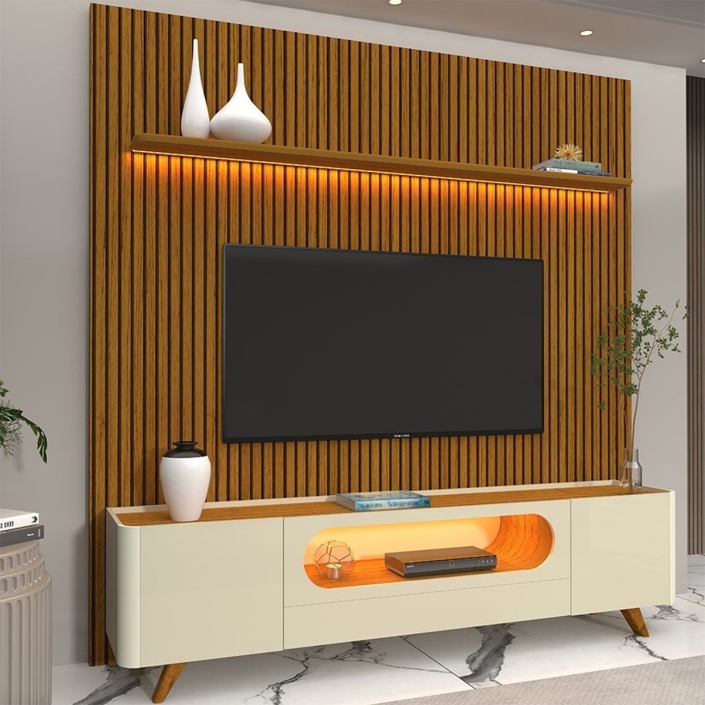 Rack com Painel para TV até 90 Polegadas Ripado Impresso LED Requinte Nobre 100% MDF Naturale/Off White