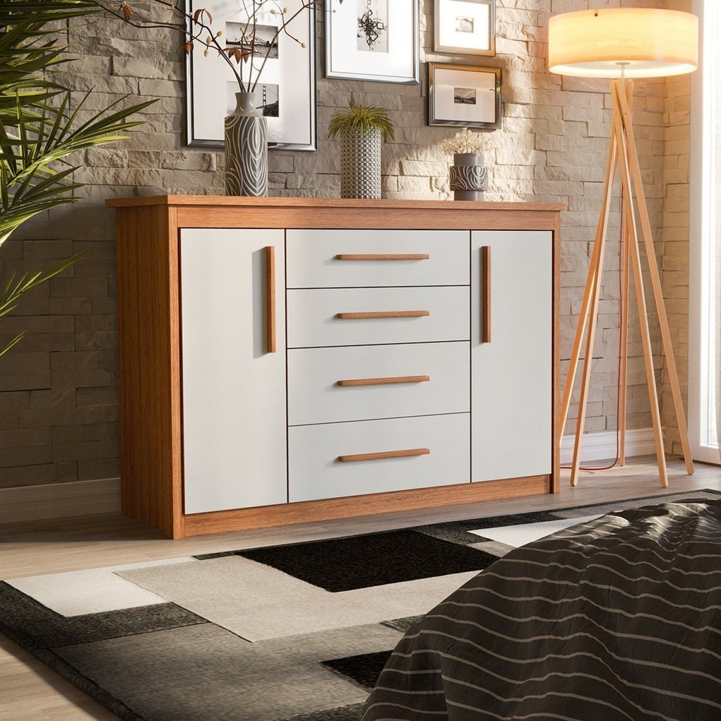 Cômoda para Quarto 2 Portas 4 Gavetas Elegance Freijó/Off White