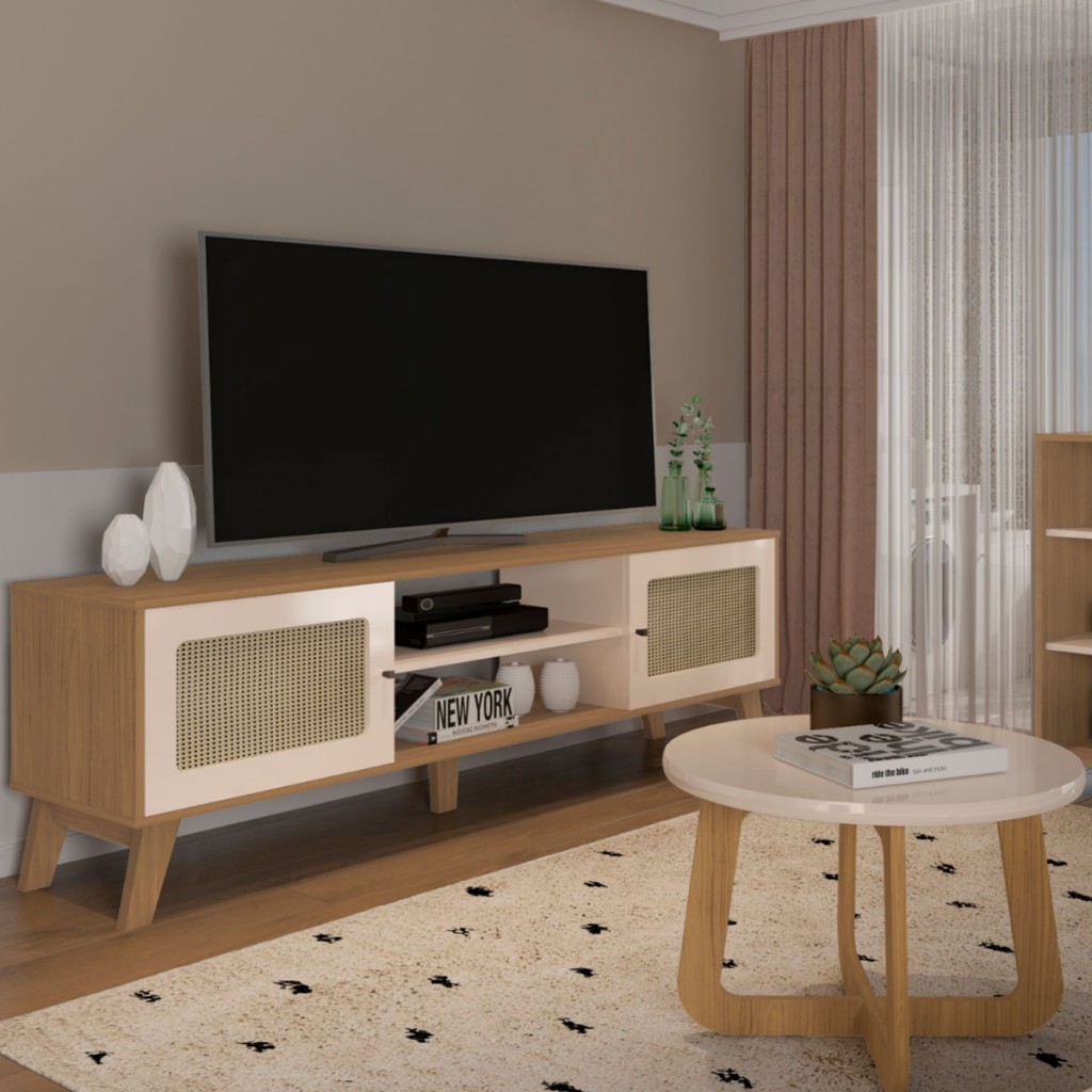 Sala de Estar Completa para TV até 75 Polegadas Charlotte 2 Portas Carvalho/Off White - Artely Móveis em Oferta na Shopee