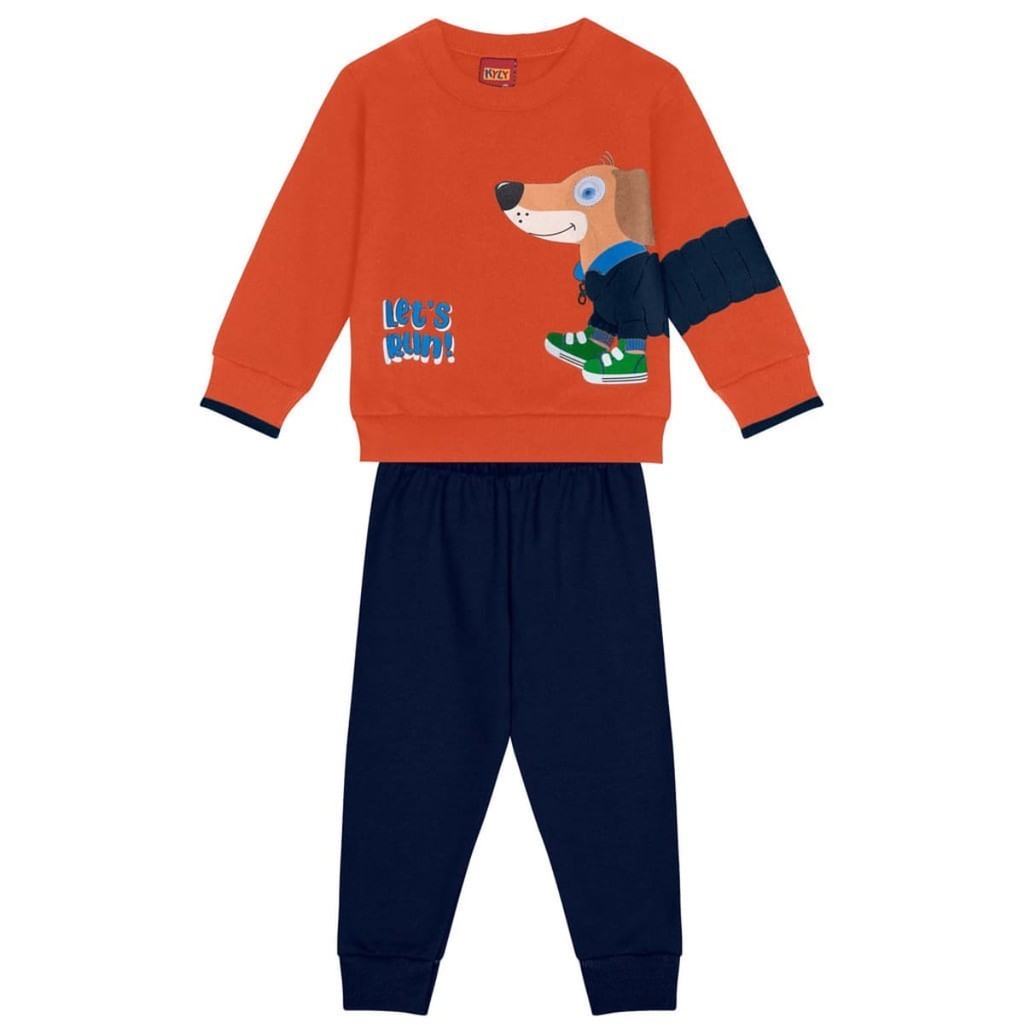 Conjunto Infantil Menino Casaco Peluciado e Calça Moletom- Cor Laranja/Marinho - Kyly