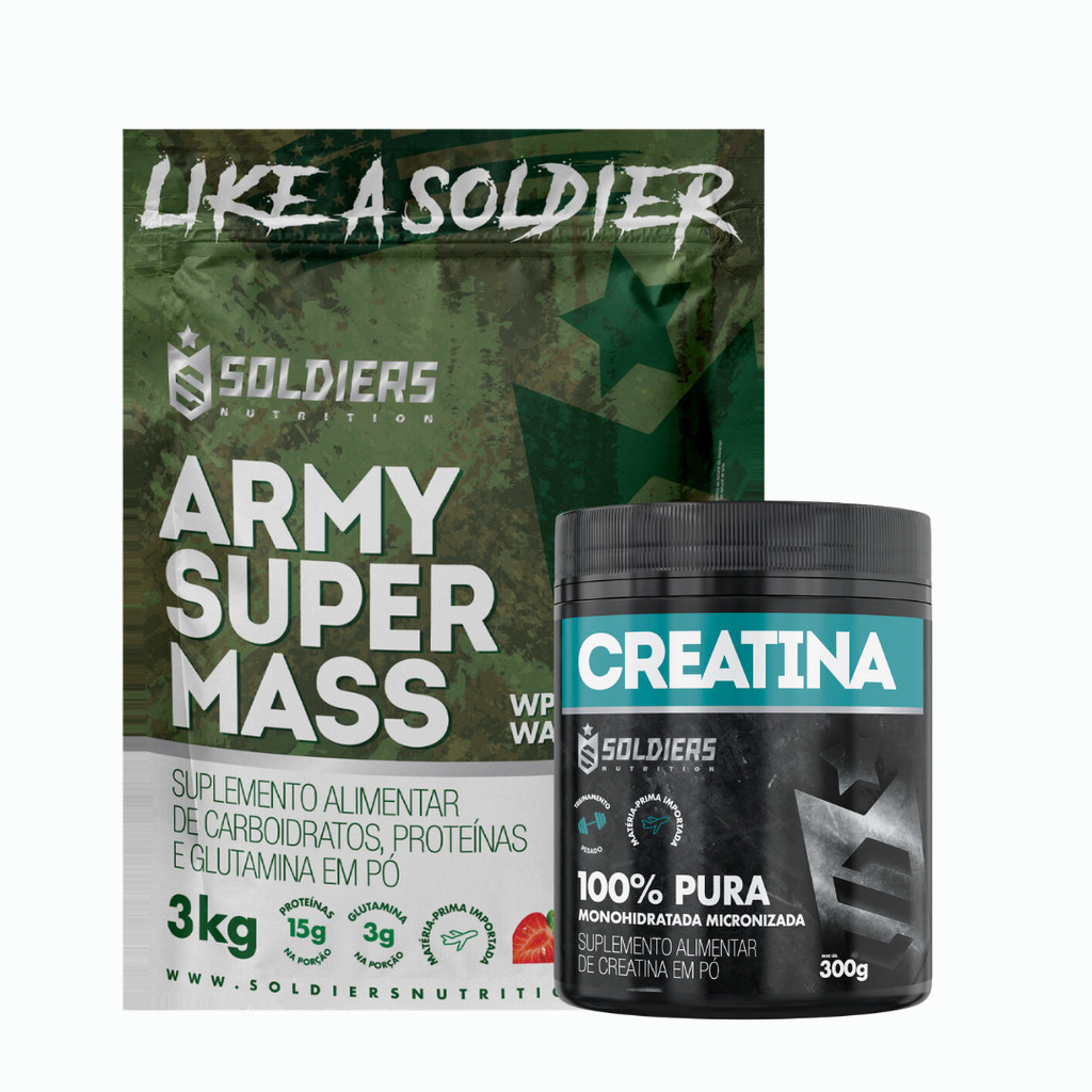 Kit: Hipercalórico Army Super Mass - 3Kg + Creatina Monohidratada Pote 300g - 100% Pura Importada - Soldiers Nutrition