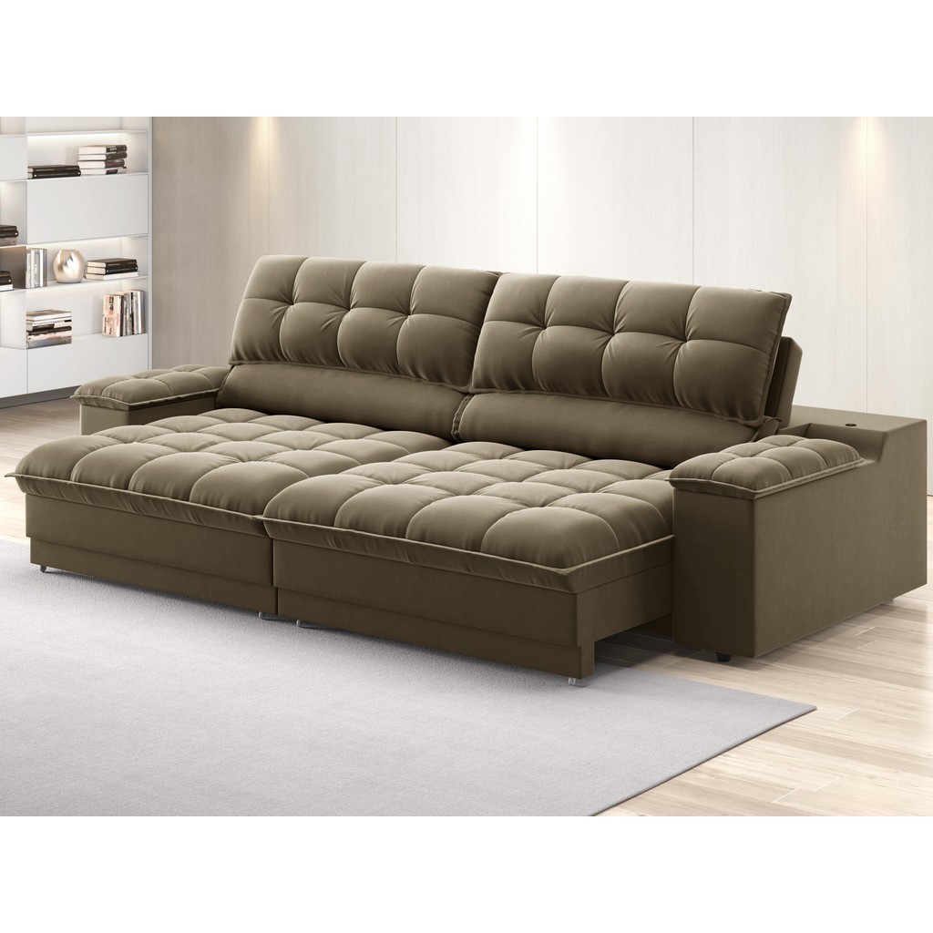 Sofá com Porta Copos e Carregador USB Ret Rec Luke 2,90m Veludocristal Castor - NETSOFAS