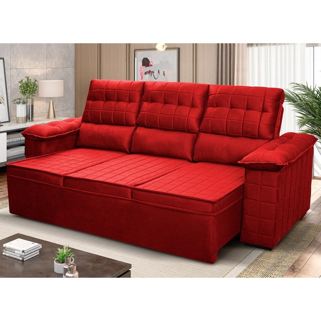 Sofá Retrátil Reclinável 4 lugares 2,30m Quantum Suede Velut Vermelho - King House