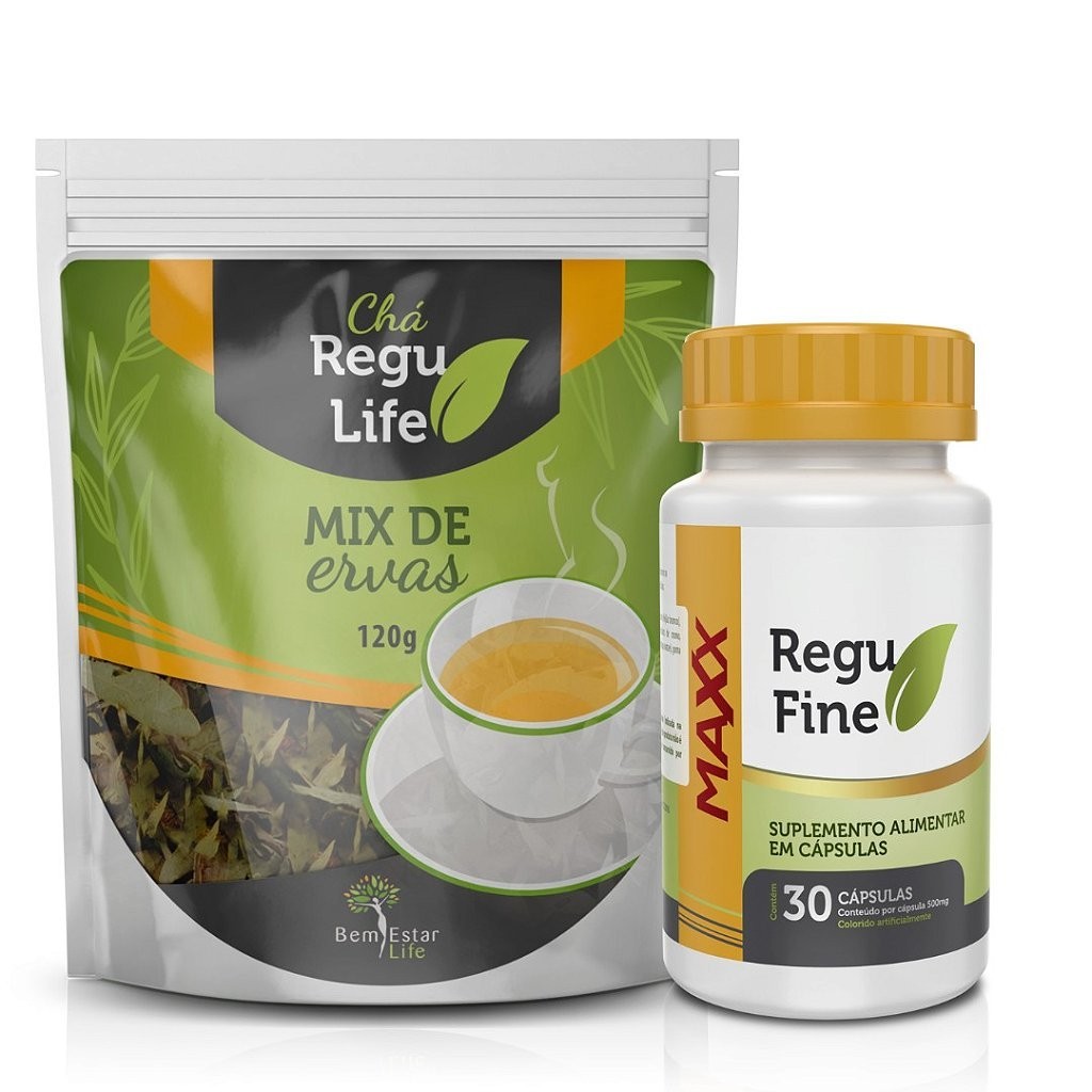 COMBO Regu Fine Maxx 30 Cápsulas E Chá Regu Life Pacote De 120g