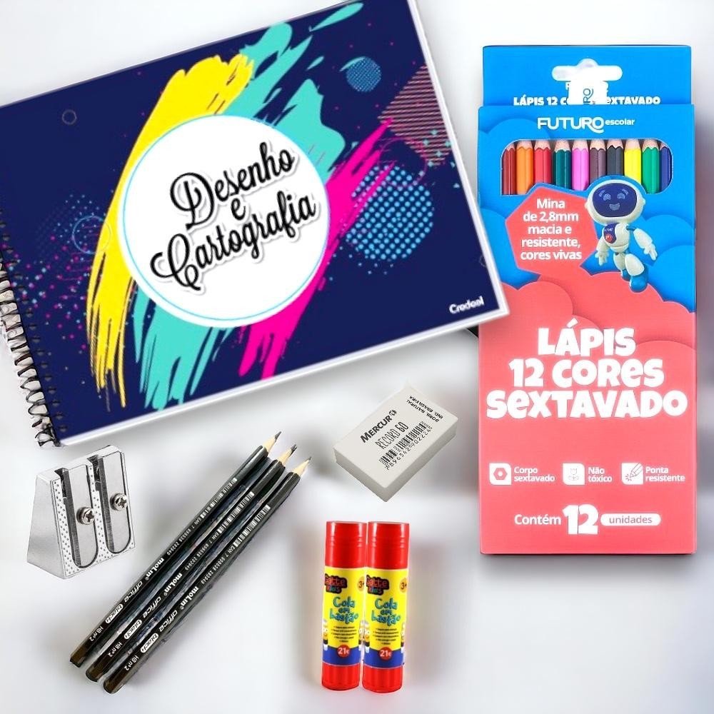 kit escolar com CADERNO DE DESENHO LAPIS DE COR 12 CORES APONTADOR DE METAL DUPLO BORRACHA LAPIS E COLA BASTÃO