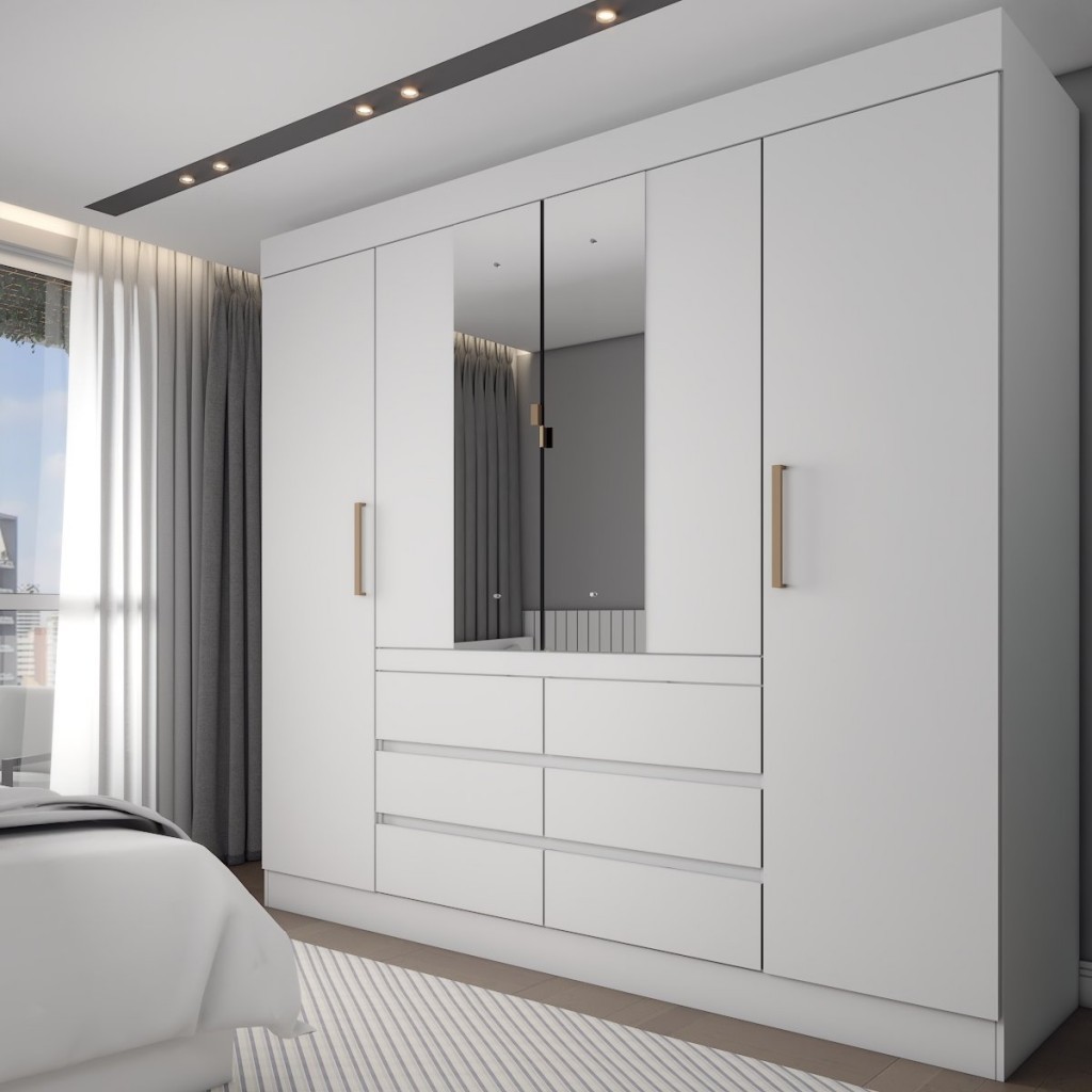 Guarda-Roupa Casal Honey 4 Portas 6 Gavetas com Espelho Branco - Panorama Móveis em Oferta na Shopee