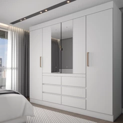 Guarda-Roupa Casal Honey 4 Portas 6 Gavetas com Espelho Branco - Panorama Móveis