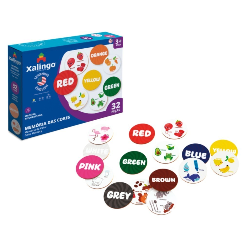 Brinquedo Jogo da Memória das Cores - Aprendendo Inglês - 32 peças - Xalingo 12843 em Oferta na Shopee