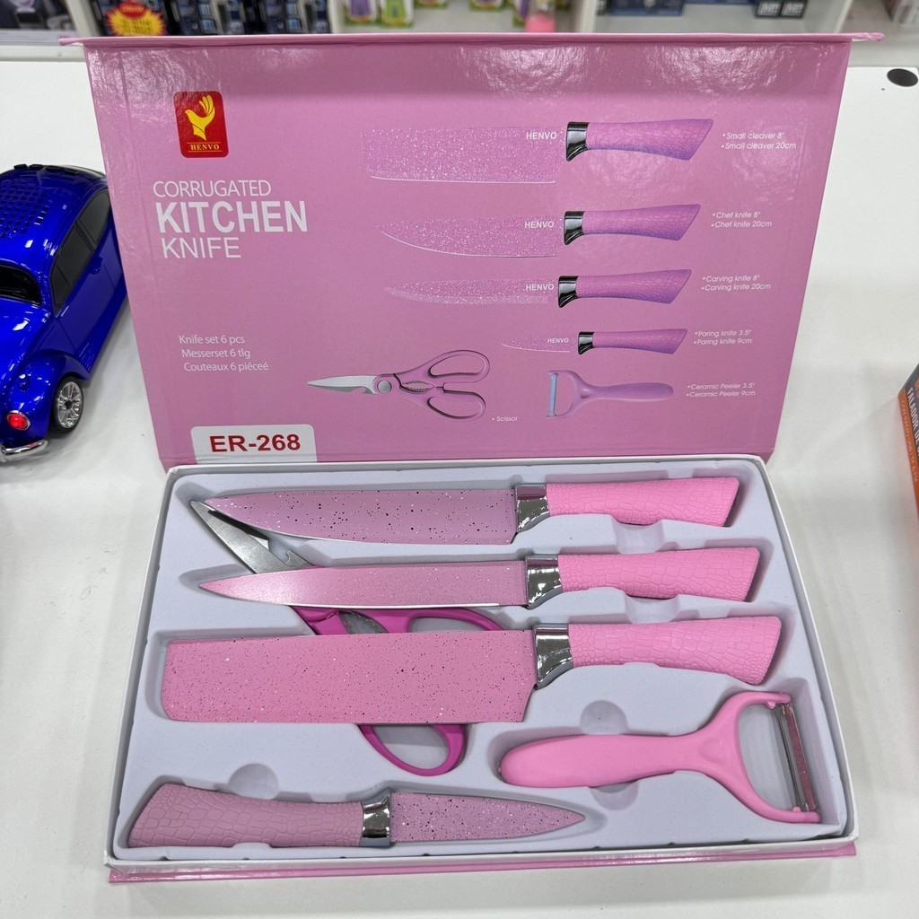 Kit de jogo de Faca Rosa Profissional Cozinha Churrasco 6 Peças Faca Cutelo Tesoura Descasdor