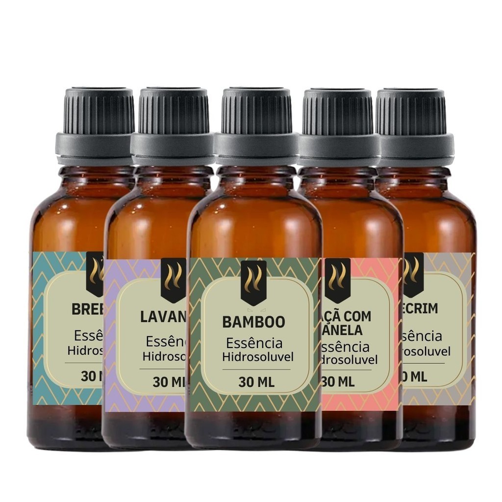 Kit 5 Essências Hidrossolúveis Nattuaromas – Bamboo, Lavanda, Maçã com Canela, Alecrim e Breeze 30ml