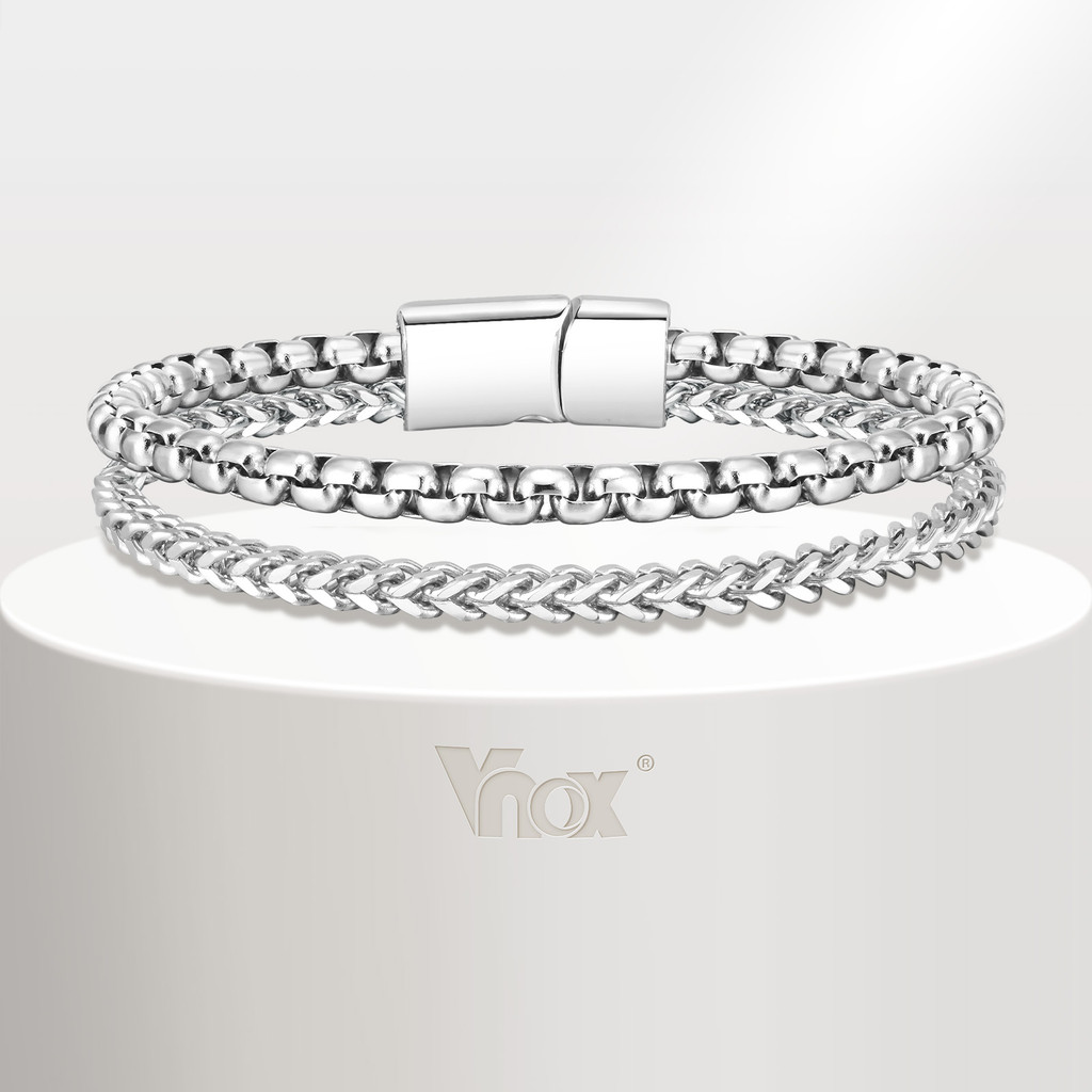 Vnox Moda Masculina Pulseira De Camada Dupla Caixa De Aço Inoxidável Corrente E Arredondada Hip Hop Minimalista