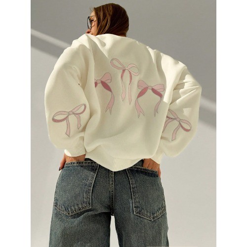 Moletom Romântico com Laço Branco Bordado PARA Mulheres, Outono/Inverno exclusivo