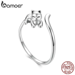 Bamoer 925 Prata Esterlina Anel Ajustável Gato Design Jóias Presente Feminino