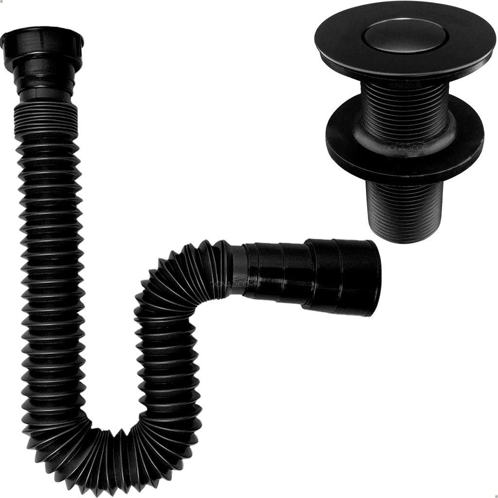 Kit Sifão Preto Flexível De Pia Banheiro E Válvula Inox 7/8 Preta Ralo Click Para Pia Cuba Lavatório