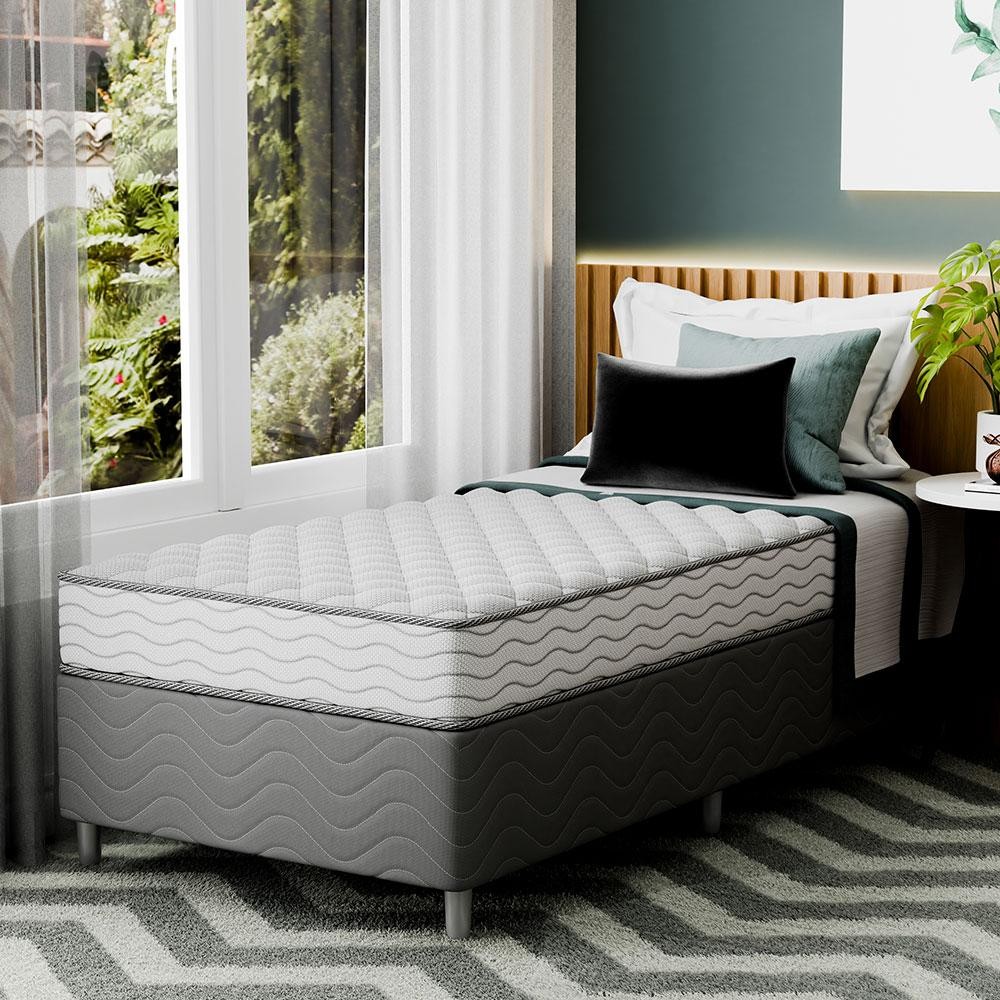 Cama Box com Colchão Solteirão Howie Espuma D33 (17x108x198) Branco e Cinza em Oferta na Shopee