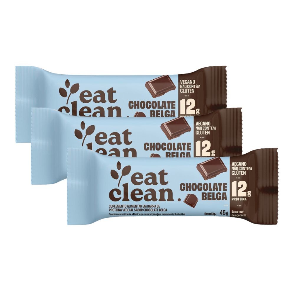 Kit 3 Barra de Proteína Vegetal Eat Clean com 12g de Proteína Sabor Chocolate Belga 45g - Food & Beverages